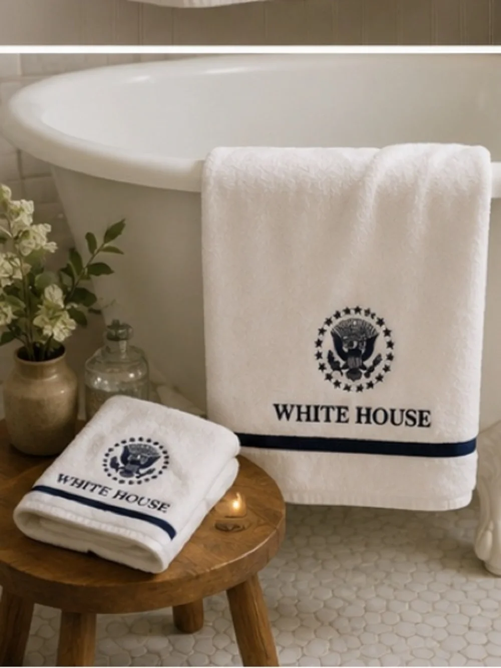 VINTAGE WHITE HOUSE EMBLEM COTTON TOWEL SET 2 pcs